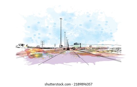Building view with landmark of North Las Vegas is the 
city in Nevada. Watercolor splash with hand drawn sketch illustration in vector.