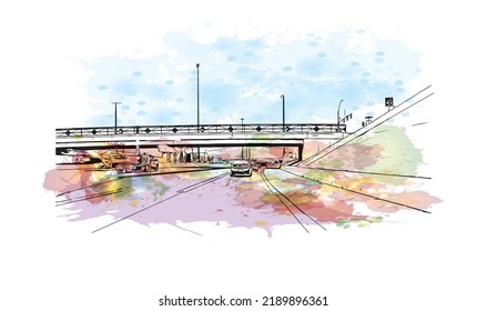La vista de edificios con un punto de referencia en el norte de Las Vegas es 
ciudad de Nevada. Salto de color de agua con ilustración de esbozo dibujada a mano en vector.