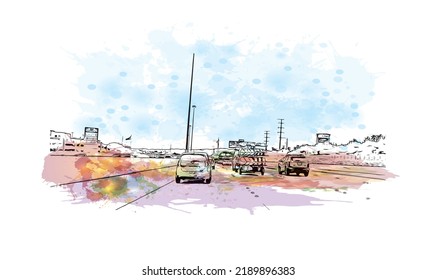 Building view with landmark of North Las Vegas is the 
city in Nevada. Watercolor splash with hand drawn sketch illustration in vector.