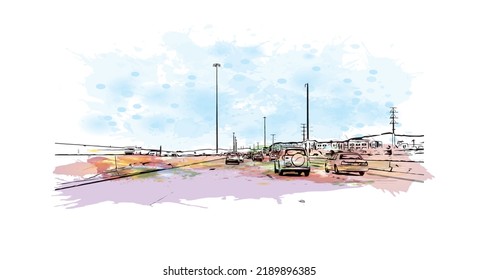 Building view with landmark of North Las Vegas is the 
city in Nevada. Watercolor splash with hand drawn sketch illustration in vector.