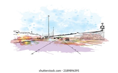 Building view with landmark of North Las Vegas is the 
city in Nevada. Watercolor splash with hand drawn sketch illustration in vector.