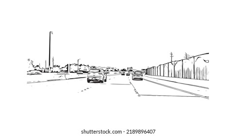 Building view with landmark of North Las Vegas is the 
city in Nevada. Hand drawn sketch illustration in vector.