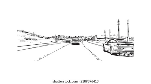 Building view with landmark of North Las Vegas is the 
city in Nevada. Hand drawn sketch illustration in vector.