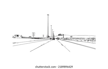 Building view with landmark of North Las Vegas is the 
city in Nevada. Hand drawn sketch illustration in vector.