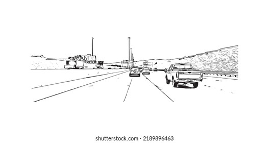 Building view with landmark of North Las Vegas is the 
city in Nevada. Hand drawn sketch illustration in vector.