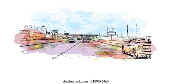 Building view with landmark of North Las Vegas is the 
city in Nevada. Watercolor splash with hand drawn sketch illustration in vector.