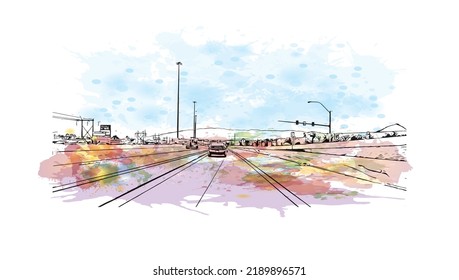 Building view with landmark of North Las Vegas is the 
city in Nevada. Watercolor splash with hand drawn sketch illustration in vector.