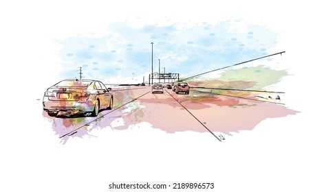 Building view with landmark of North Las Vegas is the 
city in Nevada. Watercolor splash with hand drawn sketch illustration in vector.