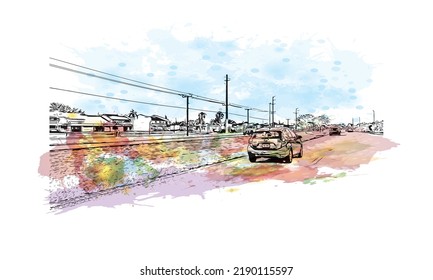 Building view with landmark of North Port is the 
city in Florida. Watercolor splash with hand Drawn sketch illustration in vector.