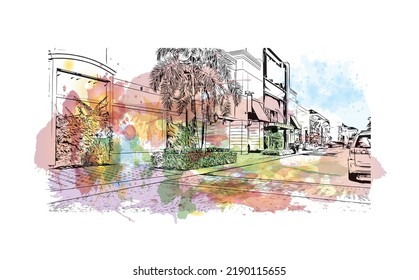 Building view with landmark of North Port is the 
city in Florida. Watercolor splash with hand Drawn sketch illustration in vector.