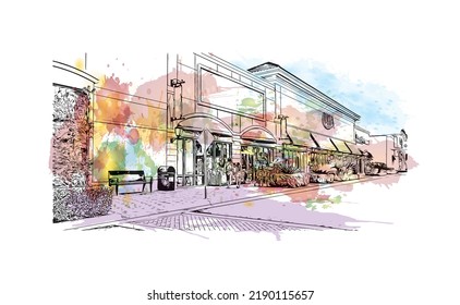 Building view with landmark of North Port is the 
city in Florida. Watercolor splash with hand Drawn sketch illustration in vector.