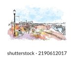 Building view with landmark of Norwalk is the 
city in Connecticut. Watercolor splash with hand drawn sketch illustration in vector. 