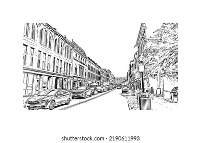 Building view with landmark of Norwalk is the 
city in Connecticut. Hand drawn sketch illustration in vector. 