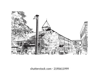 Building view with landmark of Norwalk is the 
city in Connecticut. Hand drawn sketch illustration in vector. 
