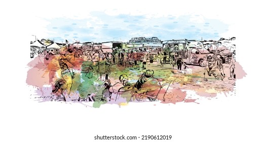 Building view with landmark of Norwalk is the 
city in Connecticut. Watercolor splash with hand drawn sketch illustration in vector. 