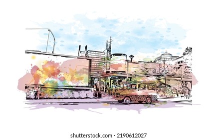 Building view with landmark of Norwalk is the 
city in Connecticut. Watercolor splash with hand drawn sketch illustration in vector. 