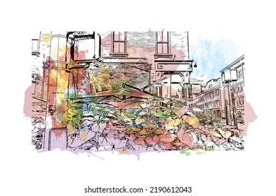 Building view with landmark of Norwalk is the 
city in Connecticut. Watercolor splash with hand drawn sketch illustration in vector. 