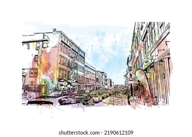 Building view with landmark of Norwalk is the 
city in Connecticut. Watercolor splash with hand drawn sketch illustration in vector. 