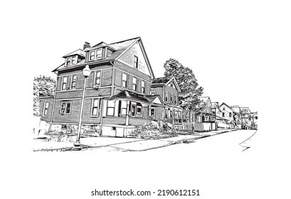 Building view with landmark of Norwalk is the 
city in Connecticut. Hand drawn sketch illustration in vector. 