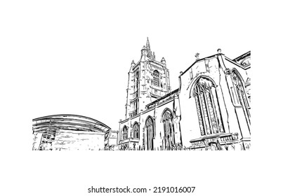 Building view with landmark of Norwich is a city in England. Hand drawn sketch illustration in vector.
