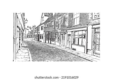 Building view with landmark of Norwich is a city in England. Hand drawn sketch illustration in vector.