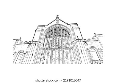 Building view with landmark of Norwich is a city in England. Hand drawn sketch illustration in vector.