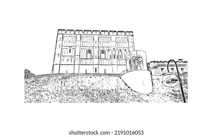 Building view with landmark of Norwich is a city in England. Hand drawn sketch illustration in vector.
