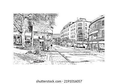 Building view with landmark of Norwich is a city in England. Hand drawn sketch illustration in vector.