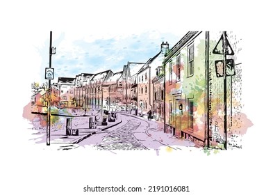 Building view with landmark of Norwich is a city in England. Watercolor splash with hand drawn sketch illustration in vector.