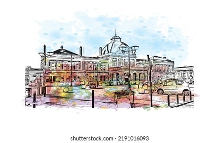 Building view with landmark of Norwich is a city in England. Watercolor splash with hand drawn sketch illustration in vector.