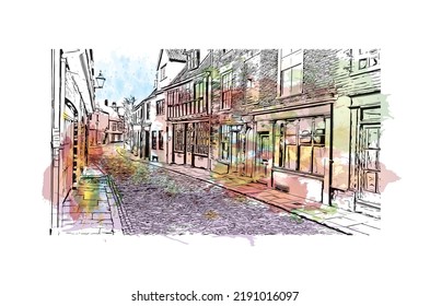 Building view with landmark of Norwich is a city in England. Watercolor splash with hand drawn sketch illustration in vector.