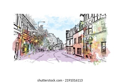 Building view with landmark of Norwich is a city in England. Watercolor splash with hand drawn sketch illustration in vector.