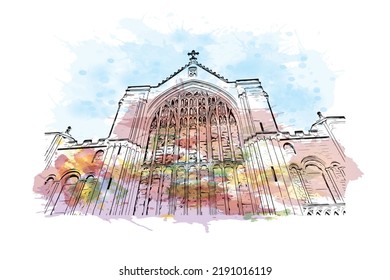 Building view with landmark of Norwich is a city in England. Watercolor splash with hand drawn sketch illustration in vector.