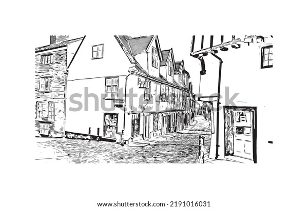 Building view with\
landmark of Norwich is a city in England. Hand drawn sketch\
illustration in\
vector.