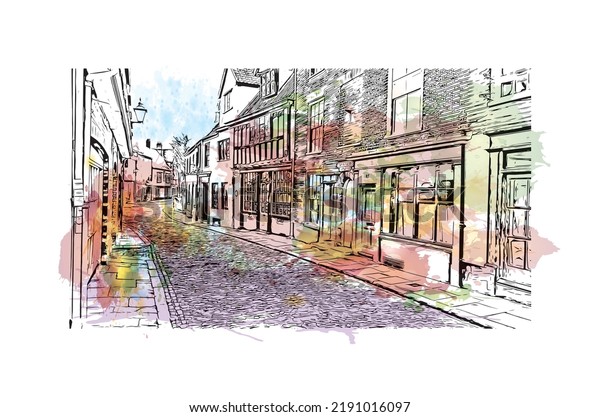 Building view with landmark of Norwich is a city\
in England. Watercolor splash with hand drawn sketch illustration\
in vector.