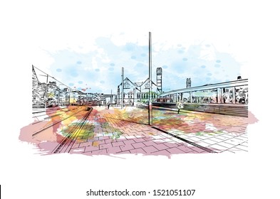 Building view with landmark of Nottingham is a city in central England’s Midlands region. Watercolor splash with Hand drawn sketch illustration in vector.