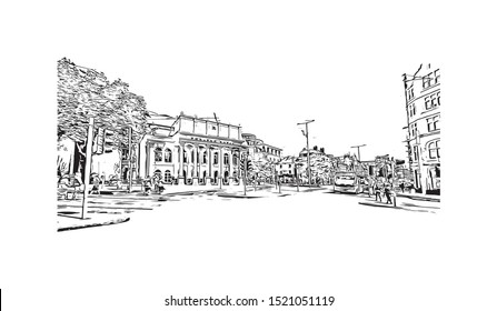 Building view with landmark of Nottingham is a city in central England’s Midlands region. Hand drawn sketch illustration in vector.