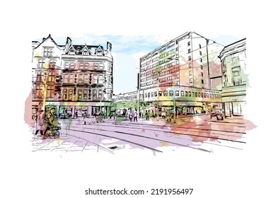 Building view with landmark of Nottingham is a city in central England. Watercolor splash with hand drawn sketch illustration in vector.