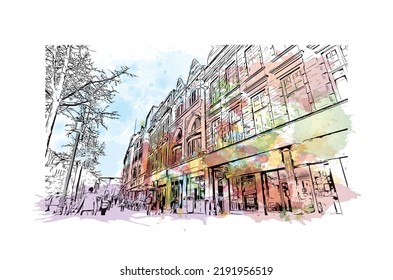 Building view with landmark of Nottingham is a city in central England. Watercolor splash with hand drawn sketch illustration in vector.
