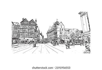 Building view with landmark of Nottingham is a city in central England.Hand drawn sketch illustration in vector.