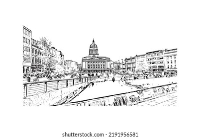 Building view with landmark of Nottingham is a city in central England.Hand drawn sketch illustration in vector.