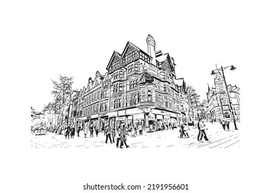 Building view with landmark of Nottingham is a city in central England.Hand drawn sketch illustration in vector.