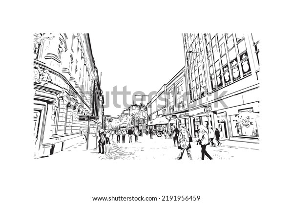 Building view with\
landmark of Nottingham is a city in central England.Hand drawn\
sketch illustration in\
vector.