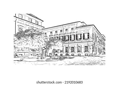 Building view with landmark Novara is the 
city in Italy. Hand drawn sketch illustration in vector.