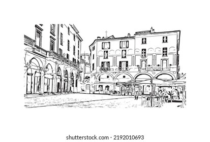 Building view with landmark Novara is the 
city in Italy. Hand drawn sketch illustration in vector.