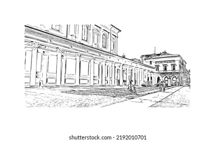 Building view with landmark Novara is the 
city in Italy. Hand drawn sketch illustration in vector.