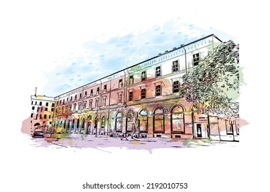 Building view with landmark Novara is the 
city in Italy. Watercolor splash with hand drawn sketch illustration in vector.