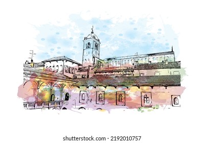 Building view with landmark Novara is the 
city in Italy. Watercolor splash with hand drawn sketch illustration in vector.