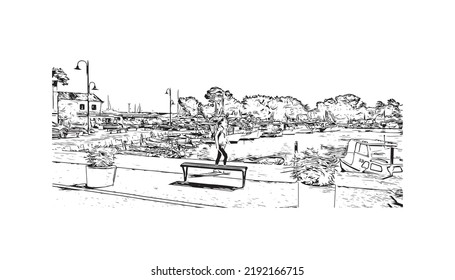Building view with landmark of Novigrad is a free city within Redania. Hand drawn sketch illustration in vector.