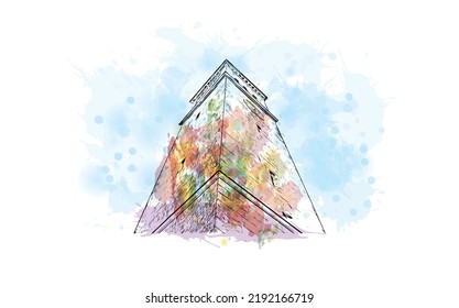 Building view with landmark of Novigrad is a free city within Redania. Watercolor splash with hand drawn sketch illustration in vector.